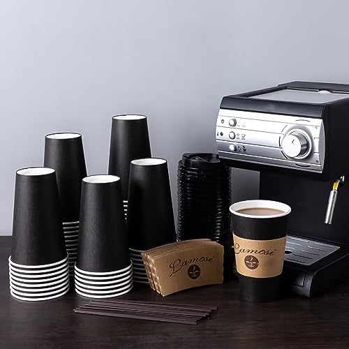 Lamosi 16OZ Coffee Cups, 16 Ounce To Go Cups with Lids, Stir Sticks and Sleeves, 16 Ounce Disposable Coffee Cups, 16 Ounce Black Hot Paper Cups for Home, Travel, Office (16OZ, 50 Pack)