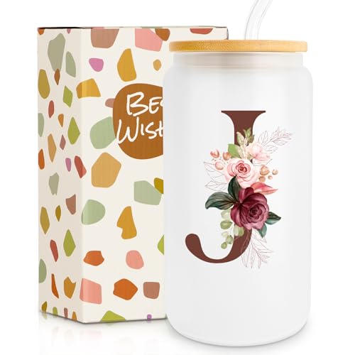 Ini-tial Glass Cup - Birthday Gifts for Women - 16 Oz Glass Cups W/Lids Straws, Glass Tumbler Monogrammed Gifts, Coffee Cup - Personalized Customized Cute Mothers Day, Birthday Gifts for Her Mom, J