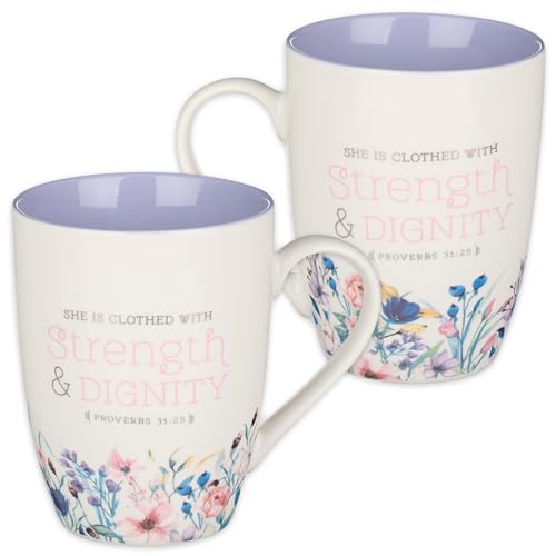Christian Art Gifts Lavender Floral Ceramic Coffee Mug – 12 oz. Lead and Cadmium-Free Non-Toxic Inspirational Scripture Coffee and Tea Mug for Women with Bible Verse: Strength and Dignity –Prov. 31:25