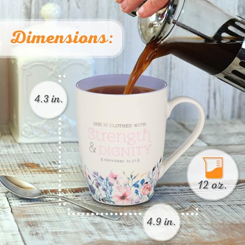 Christian Art Gifts Lavender Floral Ceramic Coffee Mug – 12 oz. Lead and Cadmium-Free Non-Toxic Inspirational Scripture Coffee and Tea Mug for Women with Bible Verse: Strength and Dignity –Prov. 31:25