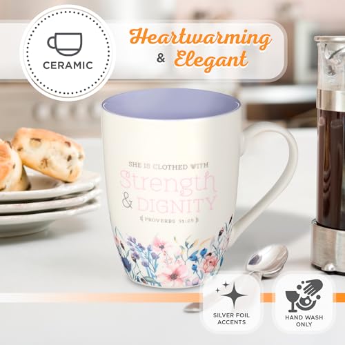 Christian Art Gifts Lavender Floral Ceramic Coffee Mug – 12 oz. Lead and Cadmium-Free Non-Toxic Inspirational Scripture Coffee and Tea Mug for Women with Bible Verse: Strength and Dignity –Prov. 31:25