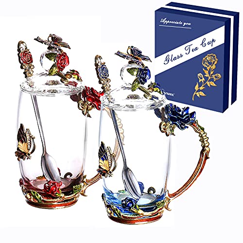 Vivimee 2 Pack Tea Cups with Lids, 12 oz Clear Glass Cups with Spoon Set, Flower Tea Cup Set, Mother's Day Gifts, Glass Tea Cups for Women, Tea Mug for Coffee, Tea, Juice, Milk Hot and Cold Drinks