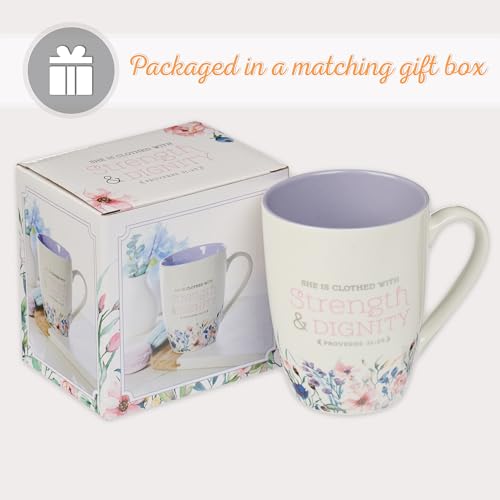Christian Art Gifts Lavender Floral Ceramic Coffee Mug – 12 oz. Lead and Cadmium-Free Non-Toxic Inspirational Scripture Coffee and Tea Mug for Women with Bible Verse: Strength and Dignity –Prov. 31:25