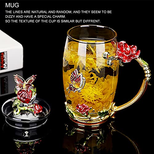 Vivimee 2 Pack Tea Cups with Lids, 12 oz Clear Glass Cups with Spoon Set, Flower Tea Cup Set, Mother's Day Gifts, Glass Tea Cups for Women, Tea Mug for Coffee, Tea, Juice, Milk Hot and Cold Drinks