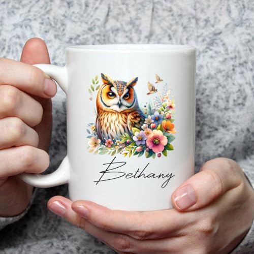 WANDORIA Enchanting Owl Coffee Mug, Customized Nocturnal Bird Cup with Name, Owl Admirer Gift, Forest Night Ceramic Mug 11oz/15oz, Floral Owl Art Drinkware, Nature-Inspired Design Mug