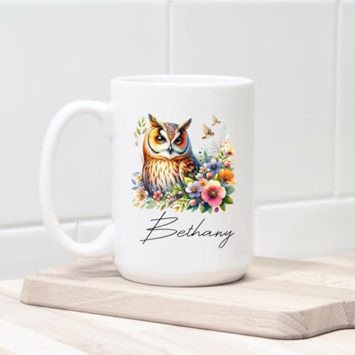 WANDORIA Enchanting Owl Coffee Mug, Customized Nocturnal Bird Cup with Name, Owl Admirer Gift, Forest Night Ceramic Mug 11oz/15oz, Floral Owl Art Drinkware, Nature-Inspired Design Mug