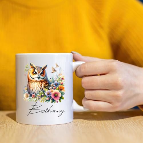 WANDORIA Enchanting Owl Coffee Mug, Customized Nocturnal Bird Cup with Name, Owl Admirer Gift, Forest Night Ceramic Mug 11oz/15oz, Floral Owl Art Drinkware, Nature-Inspired Design Mug