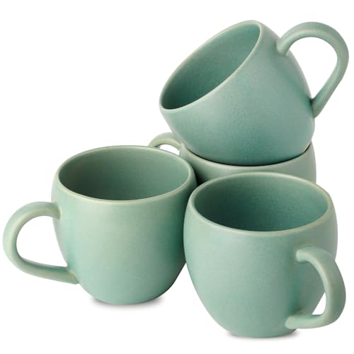 Tikooere 16 oz Coffee Mugs Set, Ceramic Coffee Cups Set of 4, Large Soup Cups with Handle for Coffee, Milk, Tea, Latte, Cereal, Cute Stoneware Mugs for Christmas Housewarming Wedding Gifts, Turquoise