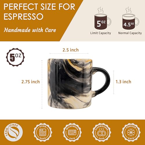 Ceramic Espresso Cups, 5 Oz Espresso Cups Set of 4, Handmade Espresso Cup, 2.75 Inch Espresso Mugs, Multicolor Demitasse Cups, Microwave & Dishwasher Safe Espresso Mugs, Coffe Mug Set (MARBLE DESIGN)
