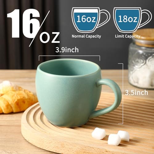 Tikooere 16 oz Coffee Mugs Set, Ceramic Coffee Cups Set of 4, Large Soup Cups with Handle for Coffee, Milk, Tea, Latte, Cereal, Cute Stoneware Mugs for Christmas Housewarming Wedding Gifts, Turquoise