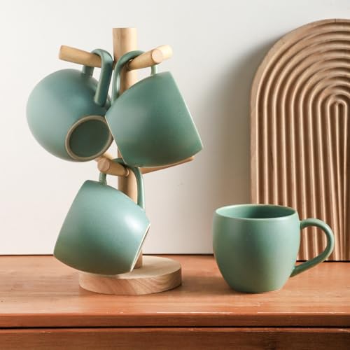 Tikooere 16 oz Coffee Mugs Set, Ceramic Coffee Cups Set of 4, Large Soup Cups with Handle for Coffee, Milk, Tea, Latte, Cereal, Cute Stoneware Mugs for Christmas Housewarming Wedding Gifts, Turquoise