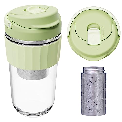 Leak-proof Glass Coffee Mug with Lid Lock, 17oz Reusable Coffee Cup with Stainless Steel Filter, Travel Tea and Fruit Infuser with Handle, BPA-free, Microwave and Dishwasher Safe