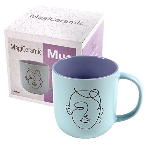 MagiCeramic Blue Latte Art 12 Oz Artist Mug Cute Coffee Mugs for Women Boho Coffee Cup Ceramic Soup Mug Porter Modern Design Coffee Mug Sets, Blue out Violet inside