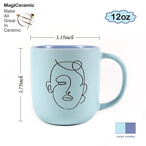 MagiCeramic Blue Latte Art 12 Oz Artist Mug Cute Coffee Mugs for Women Boho Coffee Cup Ceramic Soup Mug Porter Modern Design Coffee Mug Sets, Blue out Violet inside