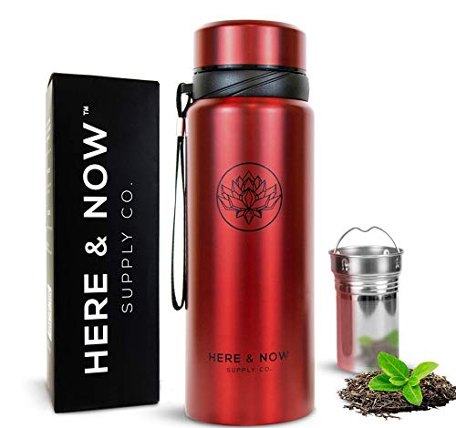 25 oz Multi-Function Travel Mug and Tumbler | Tea Infuser Water Bottle | Fruit Infused Flask | Hot & Cold Double Wall Stainless Steel Coffee Thermos | by Here & Now Supply Co. (Sacred Red)