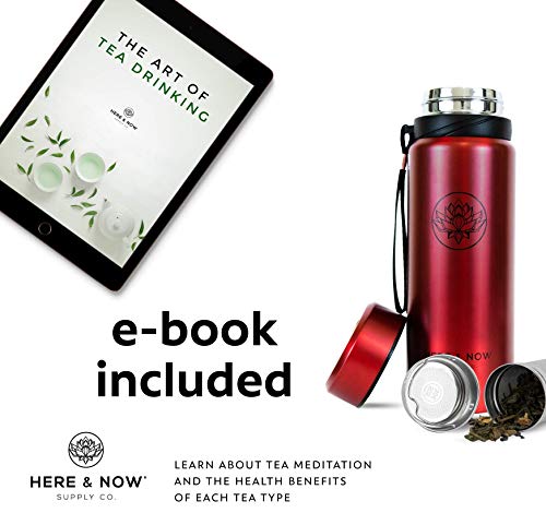 25 oz Multi-Function Travel Mug and Tumbler | Tea Infuser Water Bottle | Fruit Infused Flask | Hot & Cold Double Wall Stainless Steel Coffee Thermos | by Here & Now Supply Co. (Sacred Red)