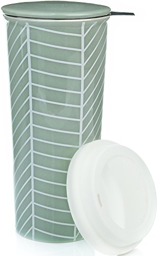 16oz Ceramic Travel Mug with Lid. Herringbone Double-Walled Tea Cup with Tea Infuser and Bonus Silicone Top. Tall Coffee and Tea Mug Tea Cups Loose Leaf Tea - Tea Mugs Tea Steeper