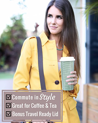 16oz Ceramic Travel Mug with Lid. Herringbone Double-Walled Tea Cup with Tea Infuser and Bonus Silicone Top. Tall Coffee and Tea Mug Tea Cups Loose Leaf Tea - Tea Mugs Tea Steeper