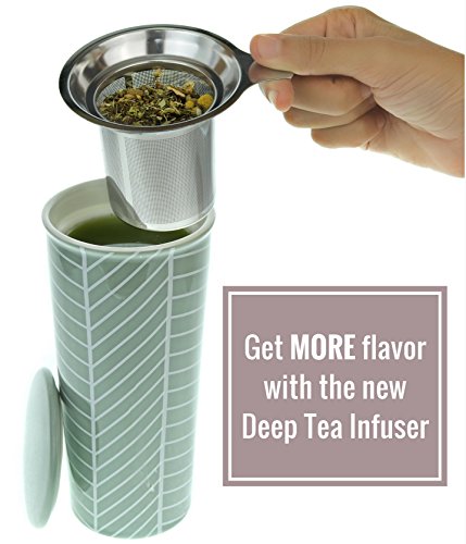 16oz Ceramic Travel Mug with Lid. Herringbone Double-Walled Tea Cup with Tea Infuser and Bonus Silicone Top. Tall Coffee and Tea Mug Tea Cups Loose Leaf Tea - Tea Mugs Tea Steeper