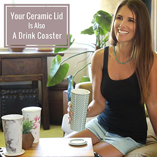 16oz Ceramic Travel Mug with Lid. Herringbone Double-Walled Tea Cup with Tea Infuser and Bonus Silicone Top. Tall Coffee and Tea Mug Tea Cups Loose Leaf Tea - Tea Mugs Tea Steeper