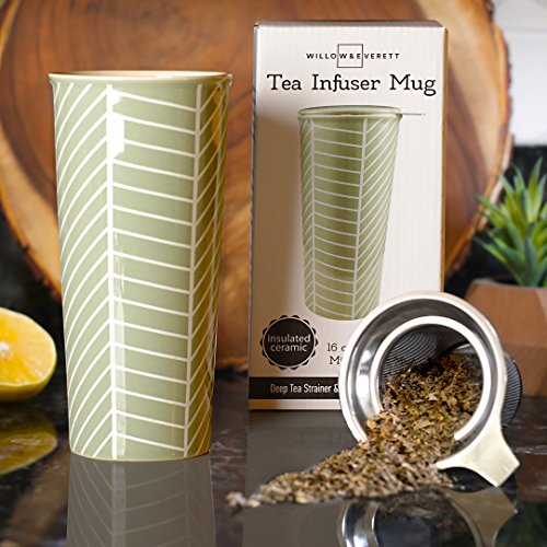 16oz Ceramic Travel Mug with Lid. Herringbone Double-Walled Tea Cup with Tea Infuser and Bonus Silicone Top. Tall Coffee and Tea Mug Tea Cups Loose Leaf Tea - Tea Mugs Tea Steeper