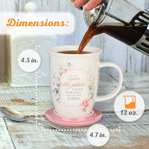 Christian Art Gifts Rose Floral Ceramic Coffee Mug with Pink Lid – 13 oz. Lead and Cadmium-free Inspirational Scripture Coffee and Tea Mug for Women with Bible Verse: I Know The Plans – Jeremiah 29:11
