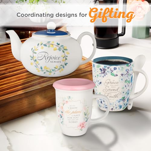 Christian Art Gifts Rose Floral Ceramic Coffee Mug with Pink Lid – 13 oz. Lead and Cadmium-free Inspirational Scripture Coffee and Tea Mug for Women with Bible Verse: I Know The Plans – Jeremiah 29:11