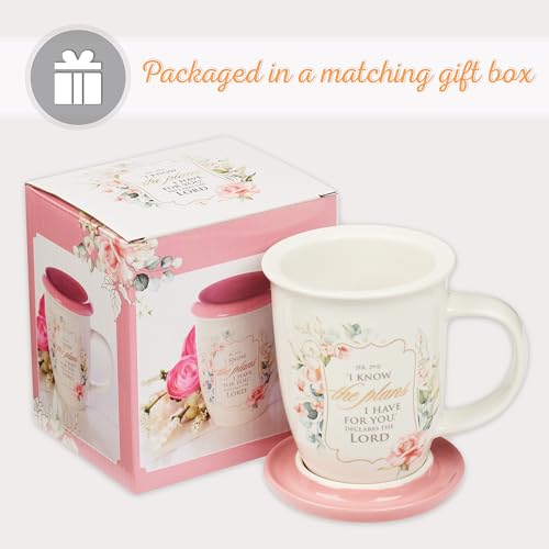 Christian Art Gifts Rose Floral Ceramic Coffee Mug with Pink Lid – 13 oz. Lead and Cadmium-free Inspirational Scripture Coffee and Tea Mug for Women with Bible Verse: I Know The Plans – Jeremiah 29:11