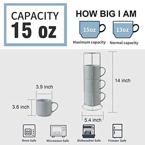 Hasense Coffee Mugs with rack, 15 Ounce Porcelain Stackable Large Ceramic Blue Coffee Cups Set of 4 with handle for Drinks Like Tea, Cappuccino, Milk, Mocha and Cereal, Microwave & Dishwasher Safe