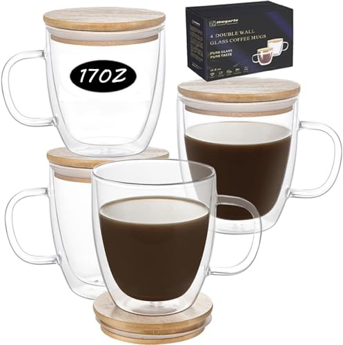 Double Wall Glass Coffee Mugs - 17 Oz Clear Coffee Mug Set of 4 Double Insulated Glass Coffee Mug With Lid Borosilicate Glass Cups Cappuccino Latte Espresso Tea Cups Dishwasher & Microwave Safe