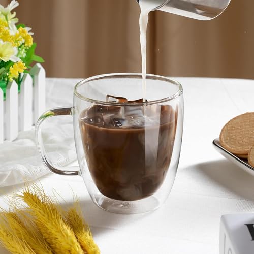 Double Wall Glass Coffee Mugs - 17 Oz Clear Coffee Mug Set of 4 Double Insulated Glass Coffee Mug With Lid Borosilicate Glass Cups Cappuccino Latte Espresso Tea Cups Dishwasher & Microwave Safe