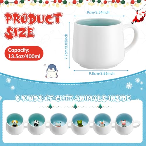 Uiifan 6 Pcs Animal Inside Cup Bulk Cute Mugs for Kids Gifts 13.5 oz Ceramic 3D Coffee Mug Penguin Cow Owl Dog Zebra Mugs Cartoon Figurine Teacup for Friend Boy Girl Kids Women Men, 6 Design