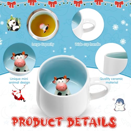 Uiifan 6 Pcs Animal Inside Cup Bulk Cute Mugs for Kids Gifts 13.5 oz Ceramic 3D Coffee Mug Penguin Cow Owl Dog Zebra Mugs Cartoon Figurine Teacup for Friend Boy Girl Kids Women Men, 6 Design