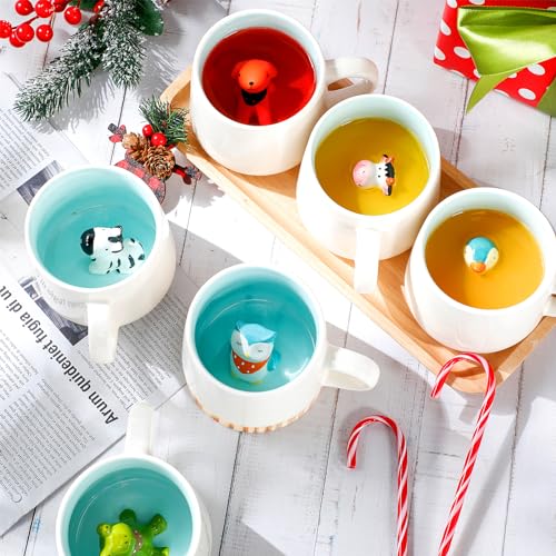Uiifan 6 Pcs Animal Inside Cup Bulk Cute Mugs for Kids Gifts 13.5 oz Ceramic 3D Coffee Mug Penguin Cow Owl Dog Zebra Mugs Cartoon Figurine Teacup for Friend Boy Girl Kids Women Men, 6 Design