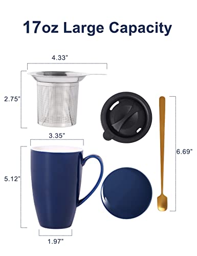 YumKubis Tea Cup with Infuser and Lid, 17 oz Large Tea Infuser Mug, Ceramic Tea Mug with 2 Lids, Tea Cups for Women, Men, Kids, Loose Tea, Gifts