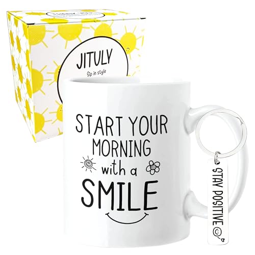 JITULY Start Your Morning With A Smile Mug Feel Better Inspirational Mug Daily Reminder Good Morning Gifts Funny Birthday Gifts For Women 11 Oz Cute Coffee Mug With Stay Positive Keychain (Smile Mug)