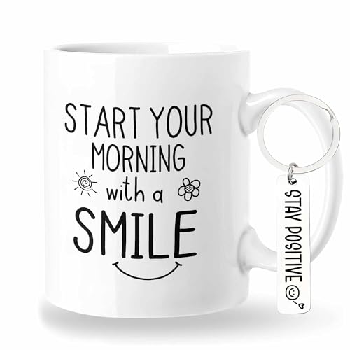 JITULY Start Your Morning With A Smile Mug Feel Better Inspirational Mug Daily Reminder Good Morning Gifts Funny Birthday Gifts For Women 11 Oz Cute Coffee Mug With Stay Positive Keychain (Smile Mug)