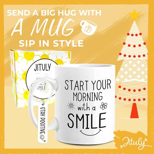 JITULY Start Your Morning With A Smile Mug Feel Better Inspirational Mug Daily Reminder Good Morning Gifts Funny Birthday Gifts For Women 11 Oz Cute Coffee Mug With Stay Positive Keychain (Smile Mug)