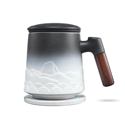 ZENS Tea Mug with Infuser and Lid for Loose Leaf Tea Steeper, 16.9oz Embossed Ceramic Tea Cup with Tea Strainers and Absorb Coaster, Wood Handle Large Tea Diffusers Mugs for Tea Lovers Gifts