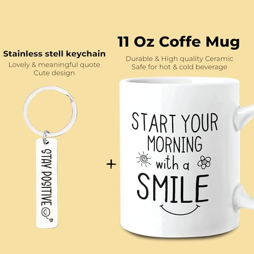 JITULY Start Your Morning With A Smile Mug Feel Better Inspirational Mug Daily Reminder Good Morning Gifts Funny Birthday Gifts For Women 11 Oz Cute Coffee Mug With Stay Positive Keychain (Smile Mug)