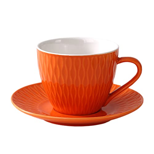 WAIT FLY Retro Embossed Ceramic Coffee Mug Set with Saucer, Tea Cup, Breakfast cup, Dessert Plate-Orange-6 OZ
