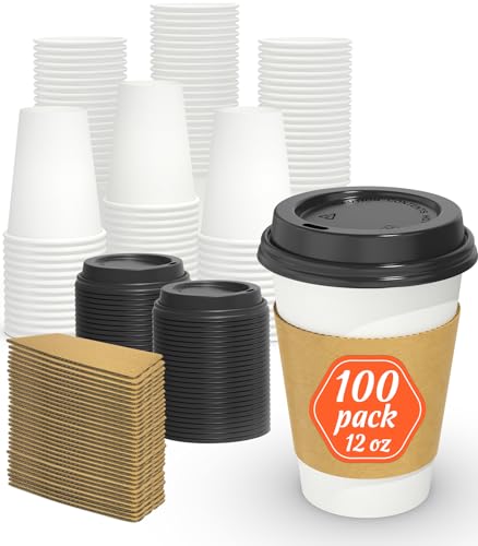 Dealusy 100 Pack 12 oz Disposable Coffee Cups with Lids and Sleeves, Sturdy Thick Paper & Leak-free Insulated to Go Coffee Cups with Lids, Paper Hot Coffee Cups with Sip Lids for Hot & Cold Beverage