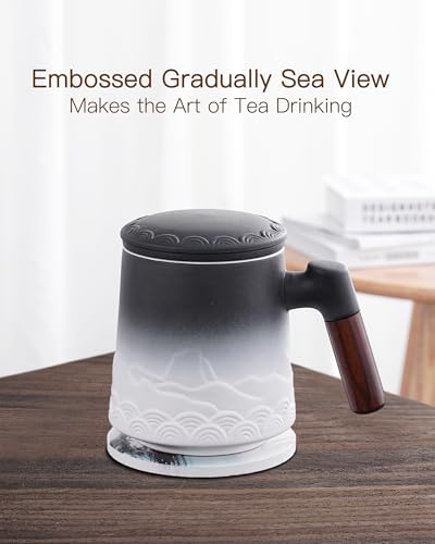 ZENS Tea Mug with Infuser and Lid for Loose Leaf Tea Steeper, 16.9oz Embossed Ceramic Tea Cup with Tea Strainers and Absorb Coaster, Wood Handle Large Tea Diffusers Mugs for Tea Lovers Gifts