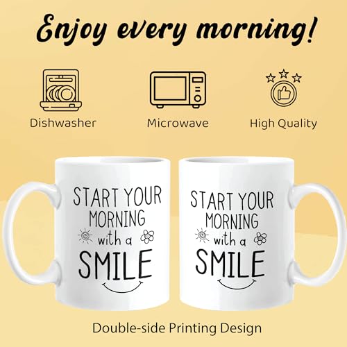 JITULY Start Your Morning With A Smile Mug Feel Better Inspirational Mug Daily Reminder Good Morning Gifts Funny Birthday Gifts For Women 11 Oz Cute Coffee Mug With Stay Positive Keychain (Smile Mug)