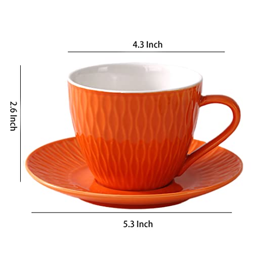 WAIT FLY Retro Embossed Ceramic Coffee Mug Set with Saucer, Tea Cup, Breakfast cup, Dessert Plate-Orange-6 OZ