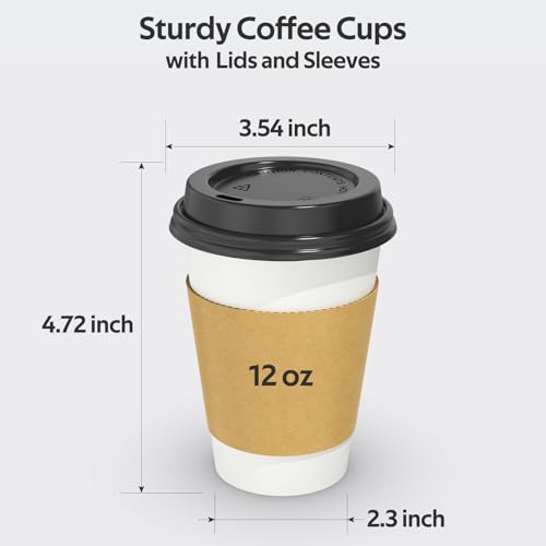 Dealusy 100 Pack 12 oz Disposable Coffee Cups with Lids and Sleeves, Sturdy Thick Paper & Leak-free Insulated to Go Coffee Cups with Lids, Paper Hot Coffee Cups with Sip Lids for Hot & Cold Beverage