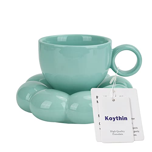 Koythin Ceramic Coffee Mug with Saucer Set, Creative Cute Cup with Sunflower Coaster for Office and Home, Dishwasher and Microwave Safe, 6.5 oz/200 ml for Tea Latte Milk (Blue-green)