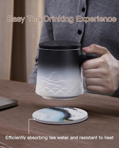 ZENS Tea Mug with Infuser and Lid for Loose Leaf Tea Steeper, 16.9oz Embossed Ceramic Tea Cup with Tea Strainers and Absorb Coaster, Wood Handle Large Tea Diffusers Mugs for Tea Lovers Gifts