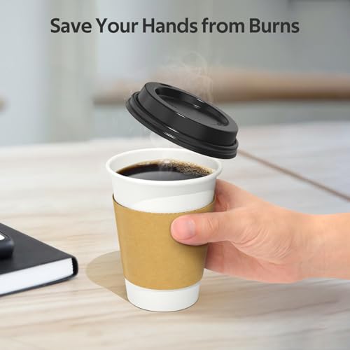 Dealusy 100 Pack 12 oz Disposable Coffee Cups with Lids and Sleeves, Sturdy Thick Paper & Leak-free Insulated to Go Coffee Cups with Lids, Paper Hot Coffee Cups with Sip Lids for Hot & Cold Beverage