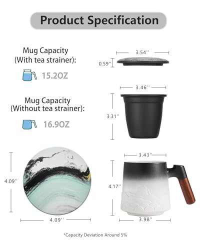 ZENS Tea Mug with Infuser and Lid for Loose Leaf Tea Steeper, 16.9oz Embossed Ceramic Tea Cup with Tea Strainers and Absorb Coaster, Wood Handle Large Tea Diffusers Mugs for Tea Lovers Gifts